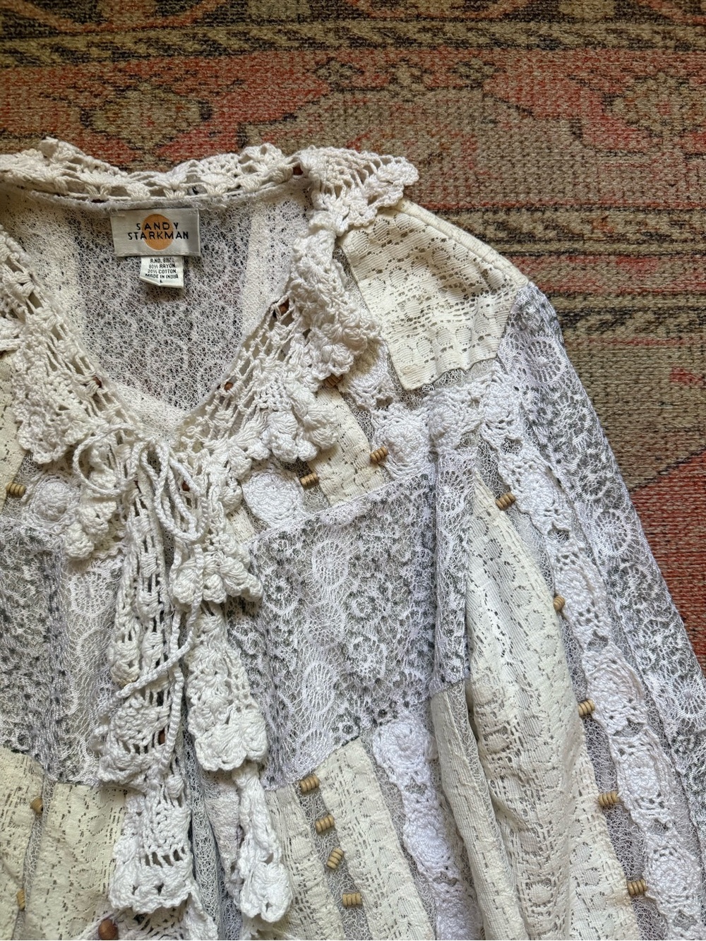 Vintage Sandy Starkman Lace Crochet Tie-Front Boho Top in Cream - Picture 2 of 5